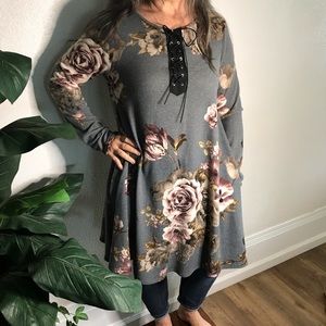 Bellamie Plus Grey floral Tie Dress